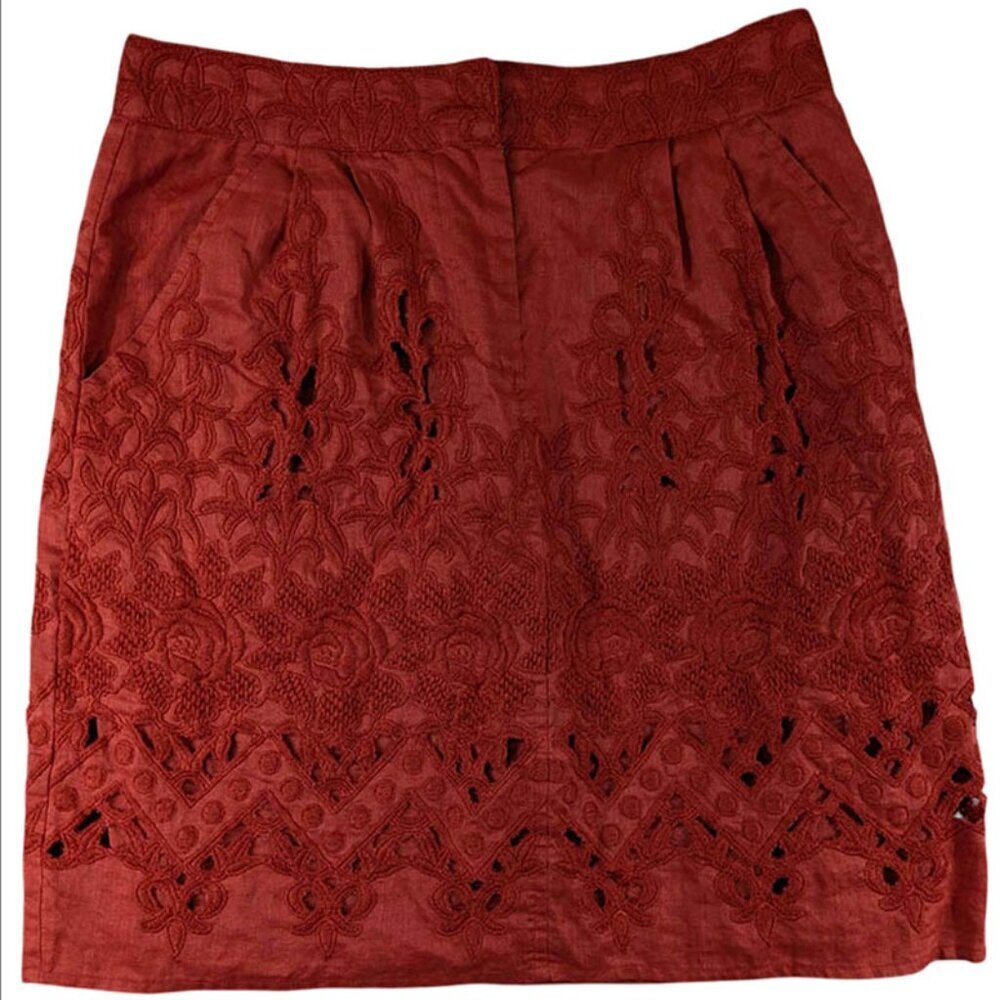 Baraschi Skirt Womens 2 100% Linen Orange Red Tomato Eyelet‎ Overlay Lined Boho